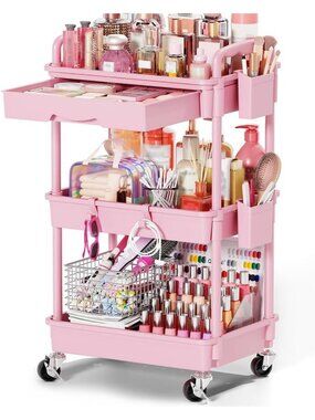 3-Tier Pink Rolling Makeup Organizer Cart with Removable Drawers for Skincare